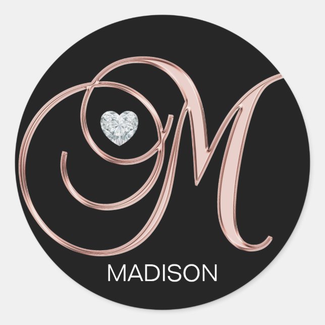 Personalised Rose Gold Heart Monogrammed Letter M Classic Round Sticker (Front)