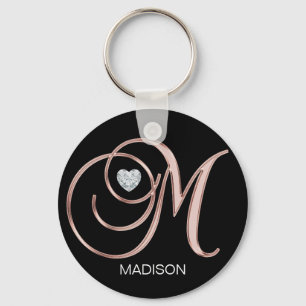 Personalised Rose Gold Heart Monogrammed Letter M Key Ring