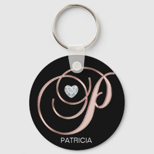 Personalised Rose Gold Heart Monogrammed Letter P Key Ring