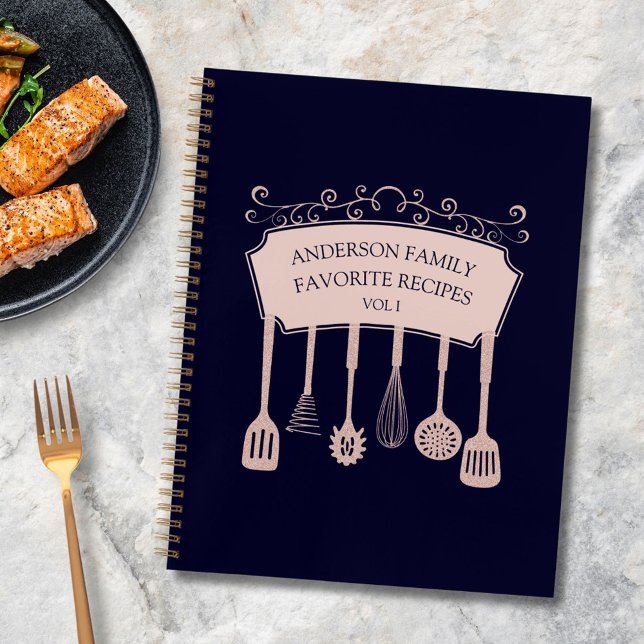 Personalised Rose Gold Kitchen Utensils Recipe Notebook (In situ)
