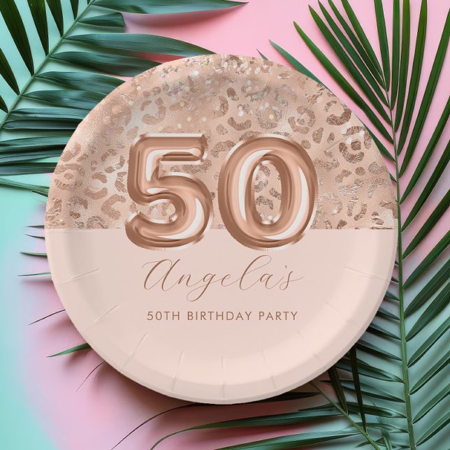 Personalised Rose Gold Leopard Print 50th Birthday Paper Plate (Creator Uploaded)