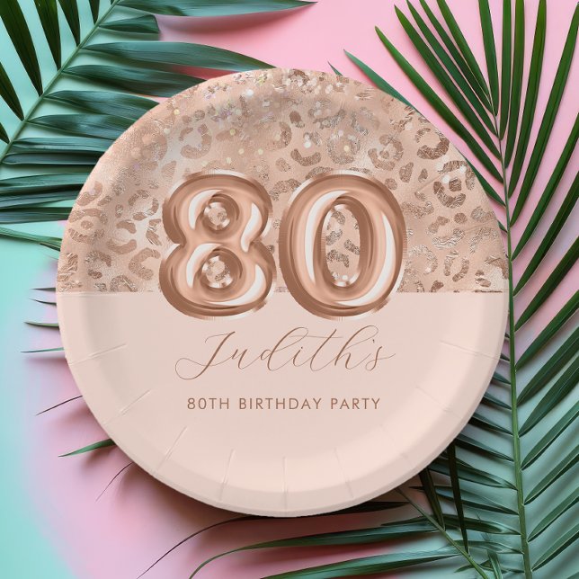 Personalised Rose Gold Leopard Print 80th Birthday Paper Plate (Creator Uploaded)