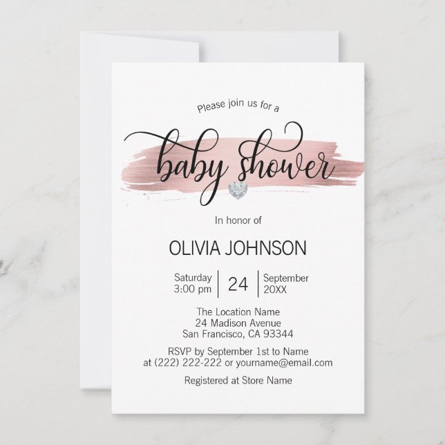 Personalised Rose Gold Pink White Girl Baby Shower Invitation (Front)