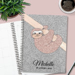 Personalised Rose Gold Silver Glitter Sloth  Planner<br><div class="desc">This planner is decorated with a cute drawing of a blush pink glitter smiling baby sloth hanging from a branch on a silver glitter background.
You can customise this planner with your name and year.
Original Drawing © Michele Davies.</div>