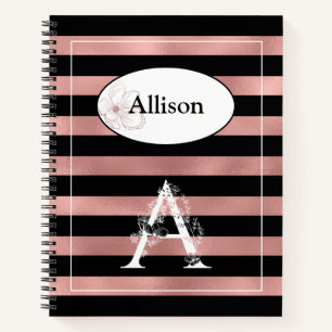 Personalised Rose Gold Stripes with Initial A Notebook