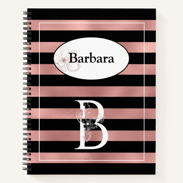Personalised Rose Gold Stripes with Initial B Notebook (Front)