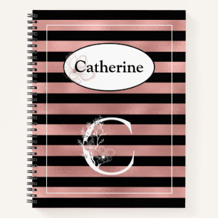 Personalised Rose Gold Stripes with Initial C Notebook