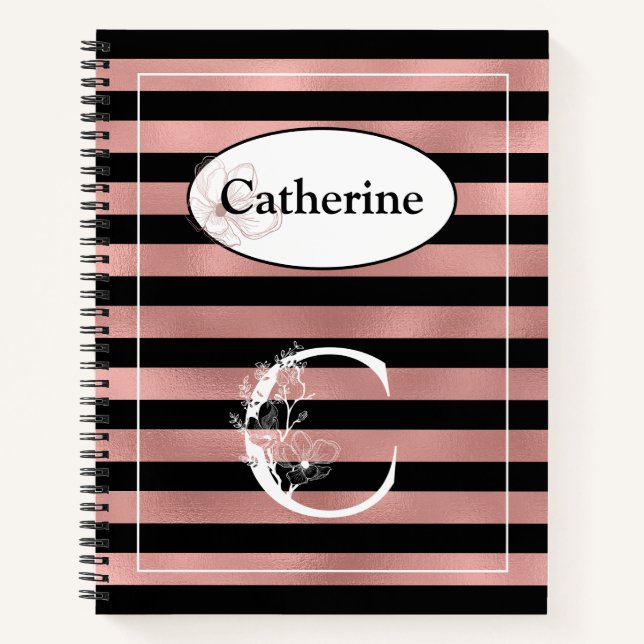 Personalised Rose Gold Stripes with Initial C Notebook (Front)