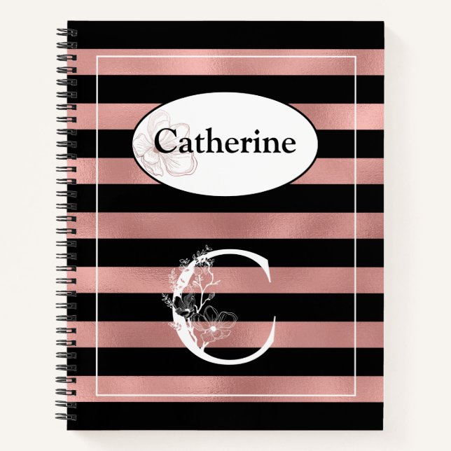 Personalised Rose Gold Stripes with Initial C Notebook (Front)