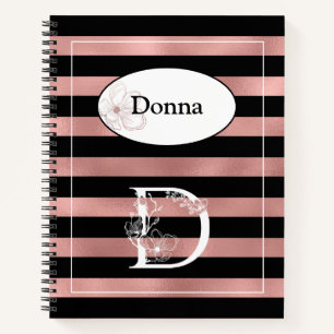 Personalised Rose Gold Stripes with Initial D Notebook