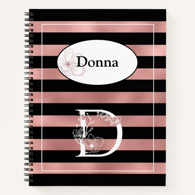 Personalised Rose Gold Stripes with Initial D Notebook (Front)