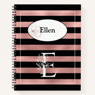 Personalised Rose Gold Stripes with Initial E Notebook