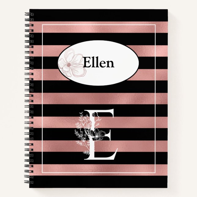 Personalised Rose Gold Stripes with Initial E Notebook (Front)