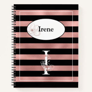 Personalised Rose Gold Stripes with Initial I Notebook