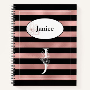 Personalised Rose Gold Stripes with Initial J Notebook