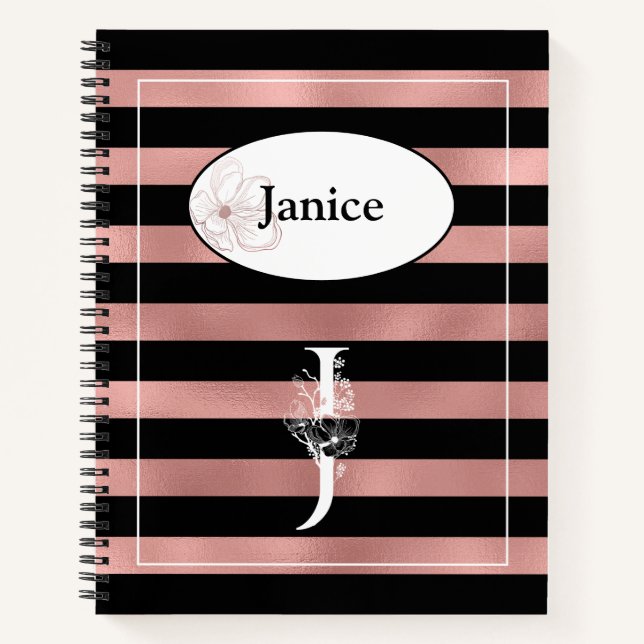 Personalised Rose Gold Stripes with Initial J Notebook (Front)