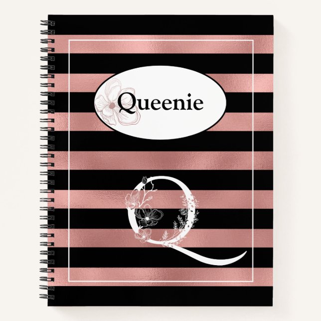 Personalised Rose Gold Stripes with Initial Q Notebook (Front)