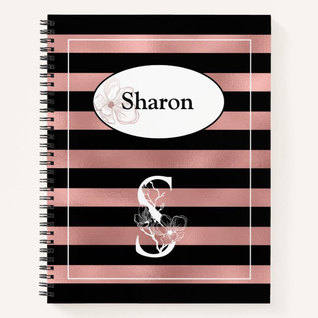 Personalised Rose Gold Stripes with Initial S Notebook (Front)