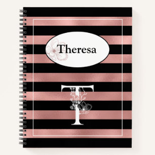 Personalised Rose Gold Stripes with Initial T Notebook