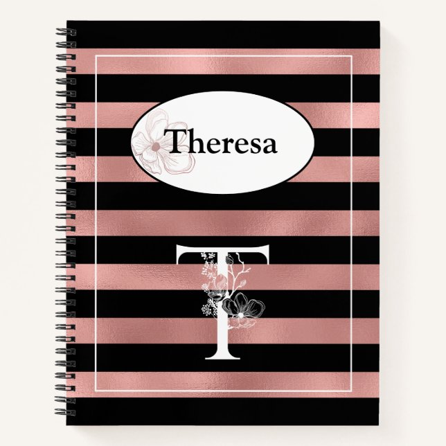 Personalised Rose Gold Stripes with Initial T Notebook (Front)