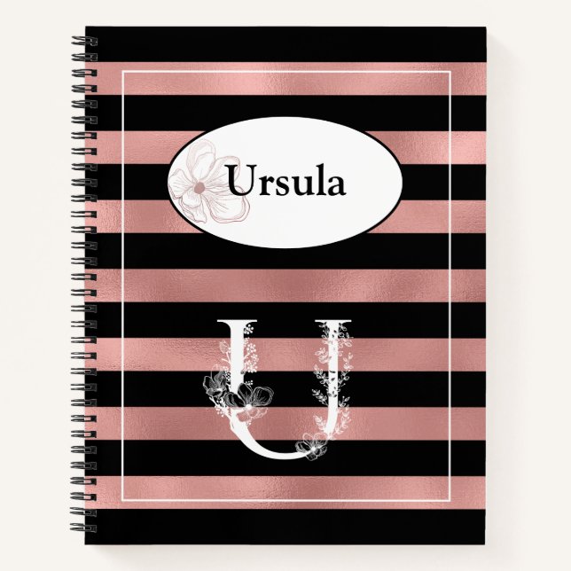 Personalised Rose Gold Stripes with Initial U Notebook (Front)