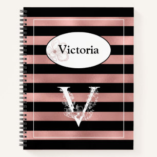 Personalised Rose Gold Stripes with Initial V Notebook