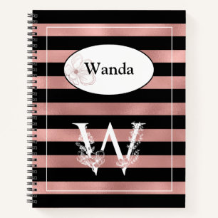Personalised Rose Gold Stripes with Initial W Notebook