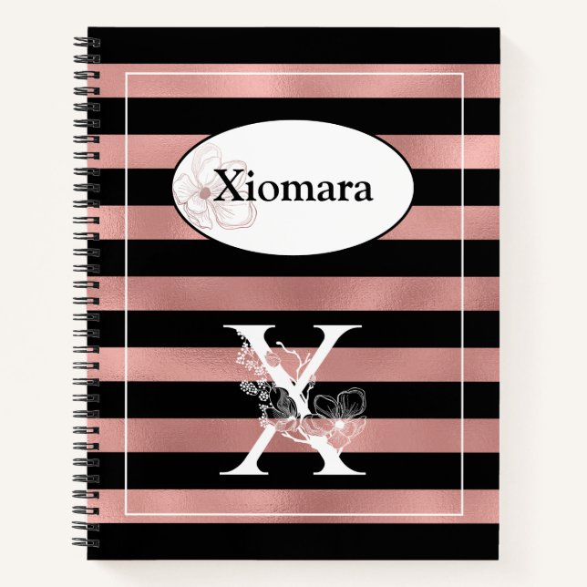 Personalised Rose Gold Stripes with Initial X Notebook (Front)