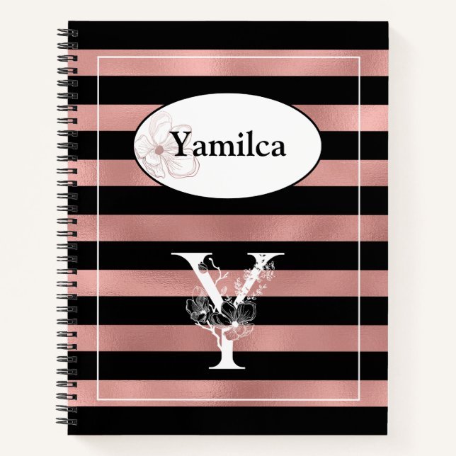 Personalised Rose Gold Stripes with Initial Y Notebook (Front)