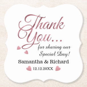 Personalised Rose Gold Thank You Wedding Favour  Paper Coaster