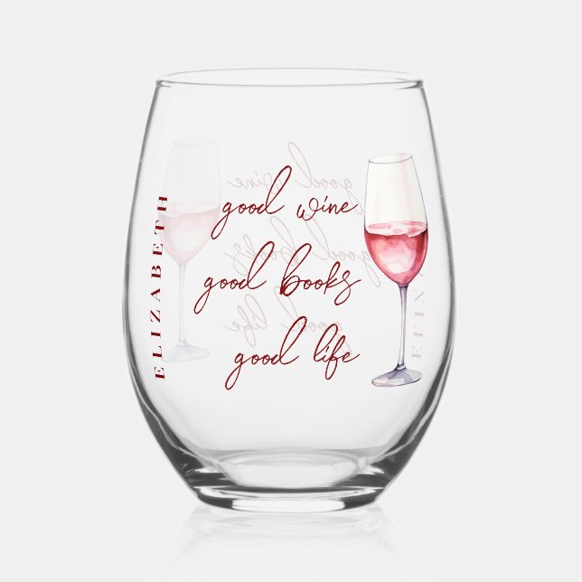 Personalised Rosé Pink Wine & Book Lover Quote Stemless Wine Glass (Front)