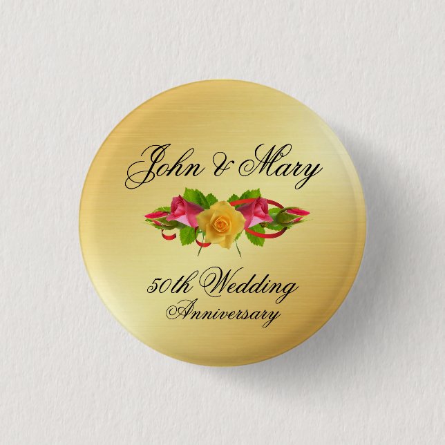 Personalised Roses & Gold 50th Wedding Anniversary 3 Cm Round Badge (Front)