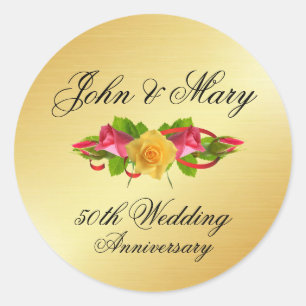 Personalised Roses & Gold 50th Wedding Anniversary Classic Round Sticker