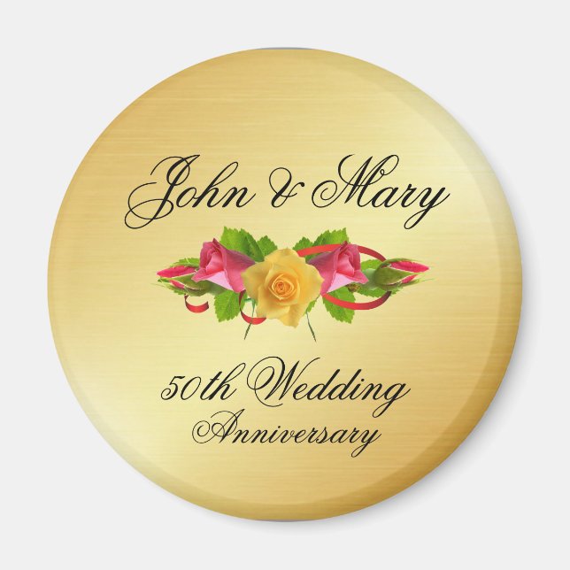 Personalised Roses & Gold 50th Wedding Anniversary Magnet (Front)
