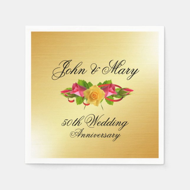 Personalised Roses & Gold 50th Wedding Anniversary Napkin (Front)