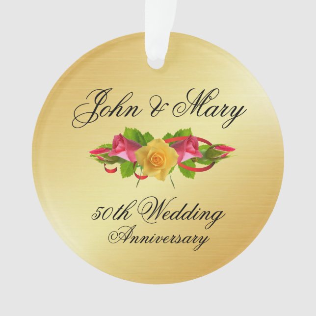 Personalised Roses & Gold 50th Wedding Anniversary Ornament (Front)