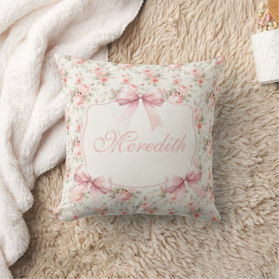 Personalised Roses Pink Bow Coquette Cushion