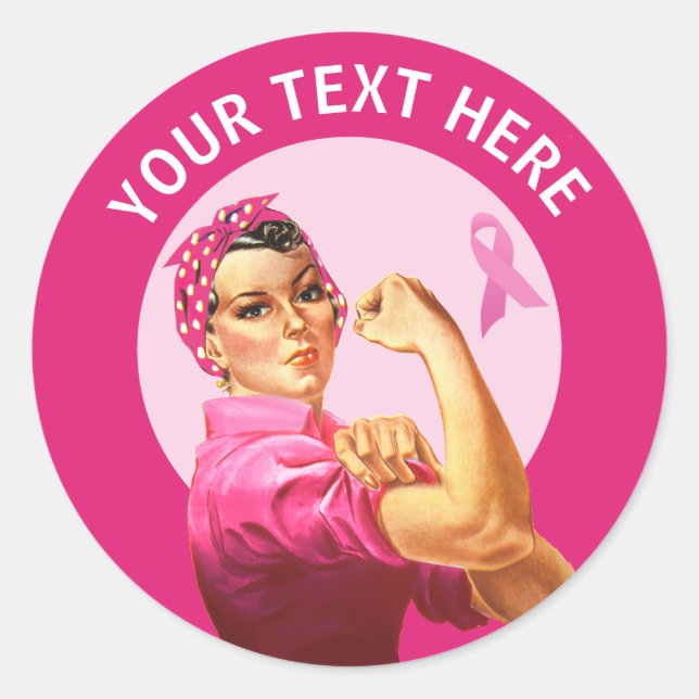 Personalised Rosie the Riveter Breast Cancer pink  Classic Round Sticker (Front)
