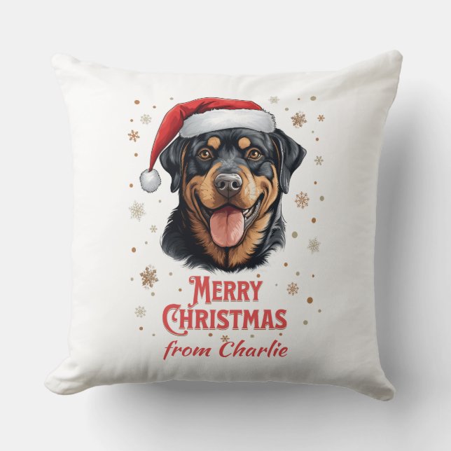 Personalised Rottweiler Dog Santa Merry Christmas Cushion (Front)