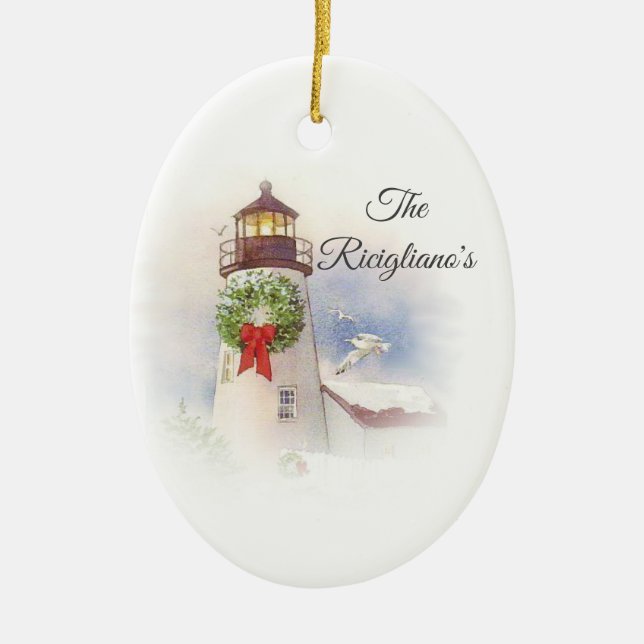 Personalised Round Ceramic Lighthouse Ornament (Front)