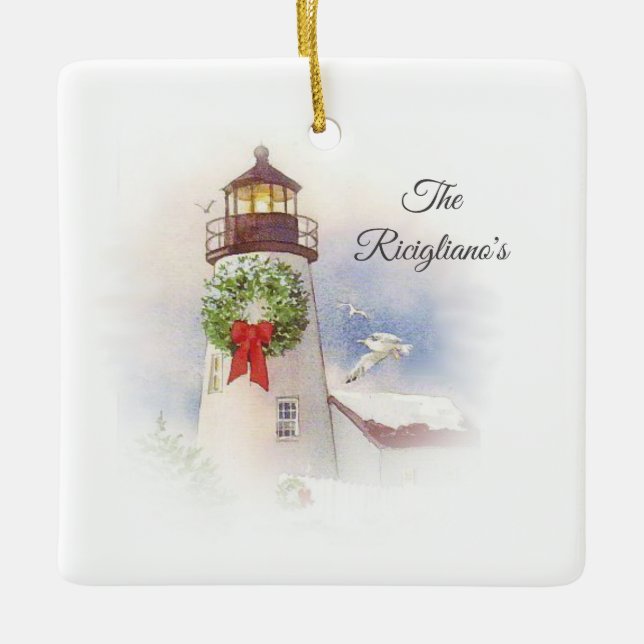 Personalised Round Ceramic Lighthouse Ornament (Front)