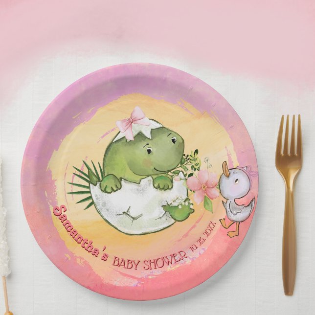 Personalised Round Dino & Duckling Baby Shower  Paper Plate (Personalized Round Dino & Duckling Baby Shower Paper Plates)