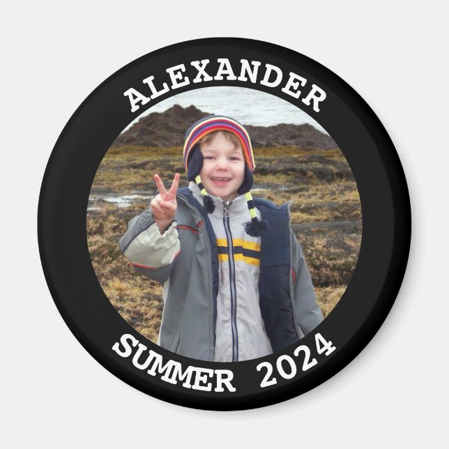 Personalised Round Family Photo Black Magnet (Front)