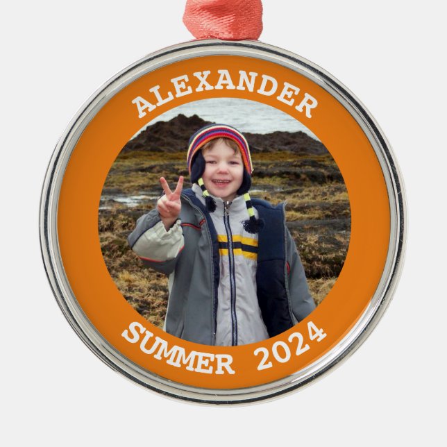Personalised Round Family Photo Bright Orange Metal Tree Decoration (Front)