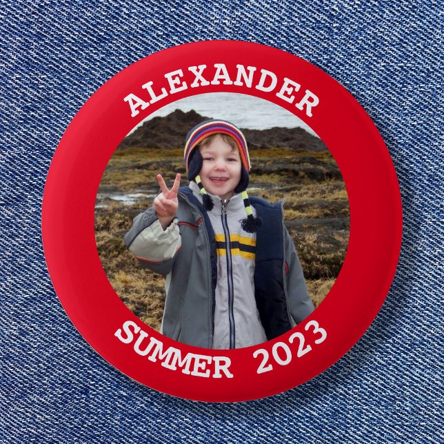 Personalised Round Family Photo Bright Red 6 Cm Round Badge (Create your own vacation keepsake custom photo button.)