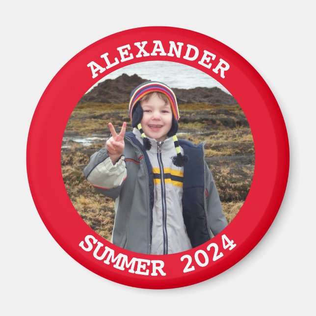 Personalised Round Family Photo Bright Red Magnet (Front)