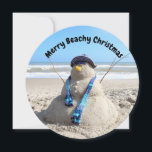 Personalised Round Florida Snowman Beach Christmas Holiday Card<br><div class="desc">Photo of a sand sculpture snowman - easily customise the text.</div>