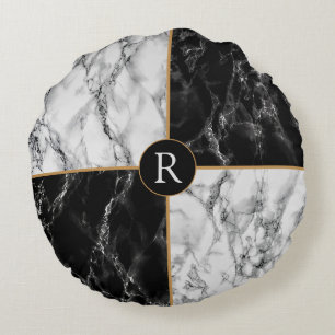 Personalised Round Pillow Black White Marble