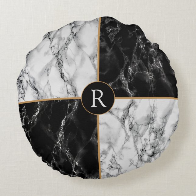 Personalised Round Pillow Black White Marble (Back)