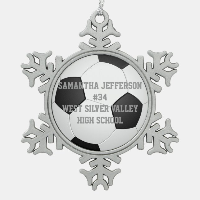 Personalised Round Soccer Ball Sports Snowflake Pewter Christmas Ornament (Front)